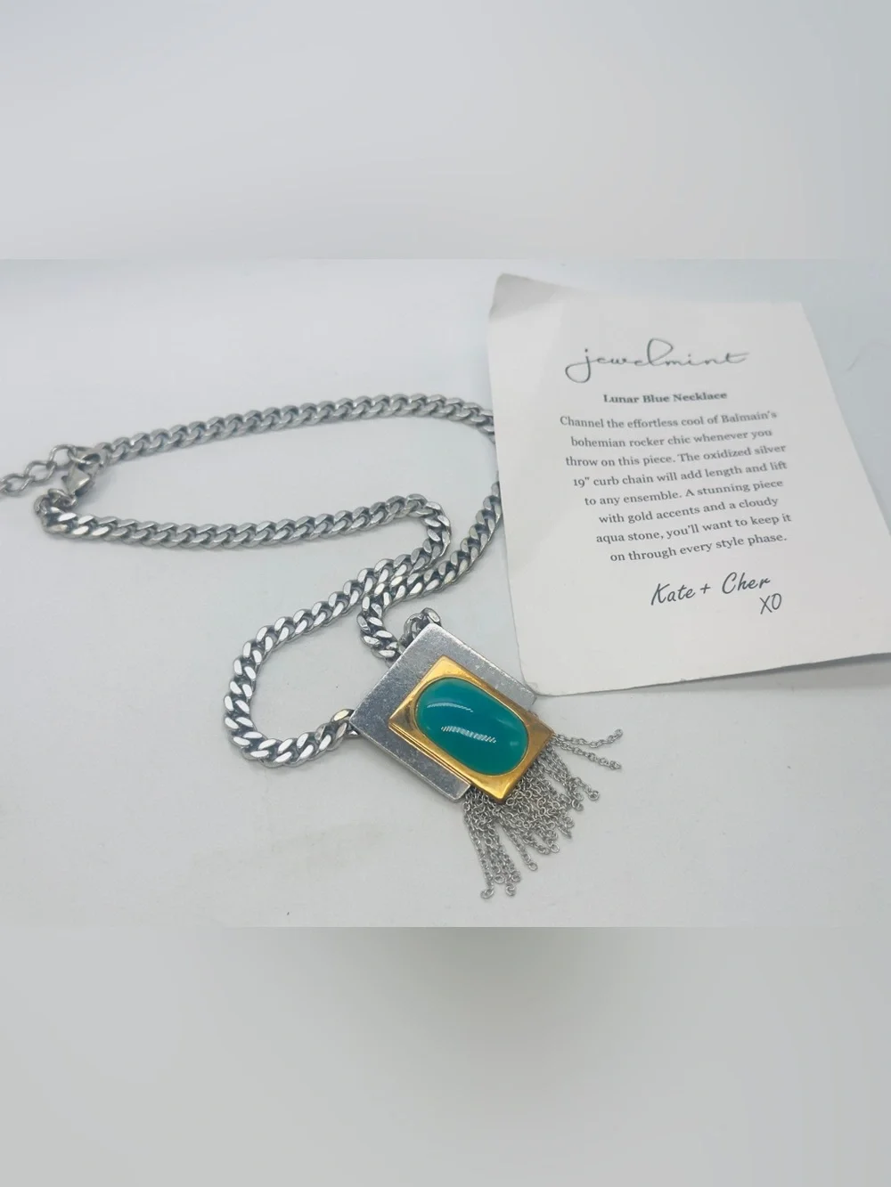 Jewelmint Lunar Blue Necklace Silver Tone Link Chain Turquoise Brass Fringe
